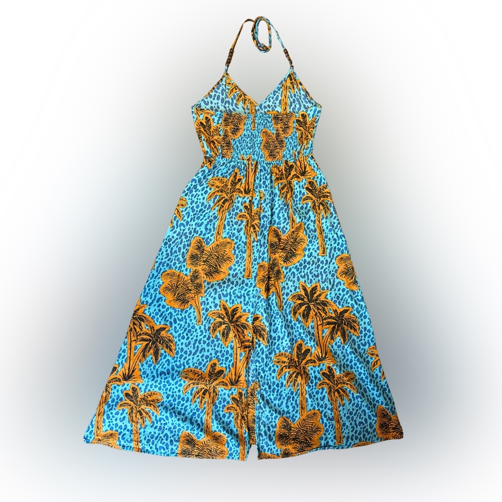 True Destinations Halter Maxi Dress Medium Resort Tropical Cotton Vacation Beads - Picture 3 of 15